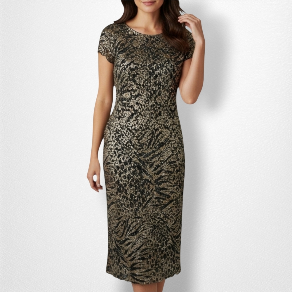 Vintage 90s Ronni Nicole by Ouida Midi Dress Black Gold Tan Animal Print Size 12